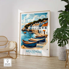 Mousehole Travel Poster Cornwall showcasing a colorful fishing village with boats by the coast in a stylish interior setting.