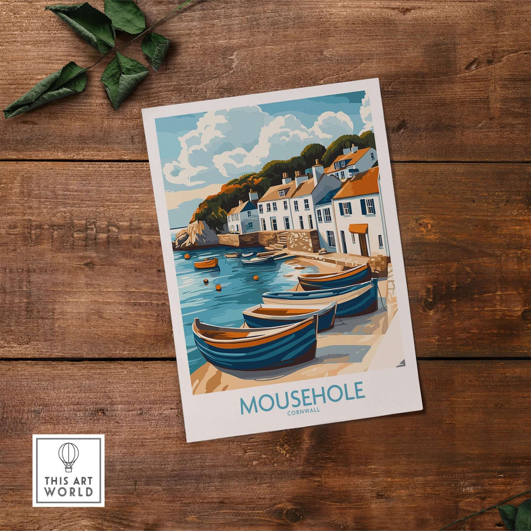 Mousehole Travel Poster Cornwall showcasing a picturesque fishing village on a wooden table with green leaves, perfect for home decor.