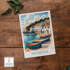 Mousehole Travel Poster Cornwall featuring colorful fishing boats and charming village in a coastal scene.