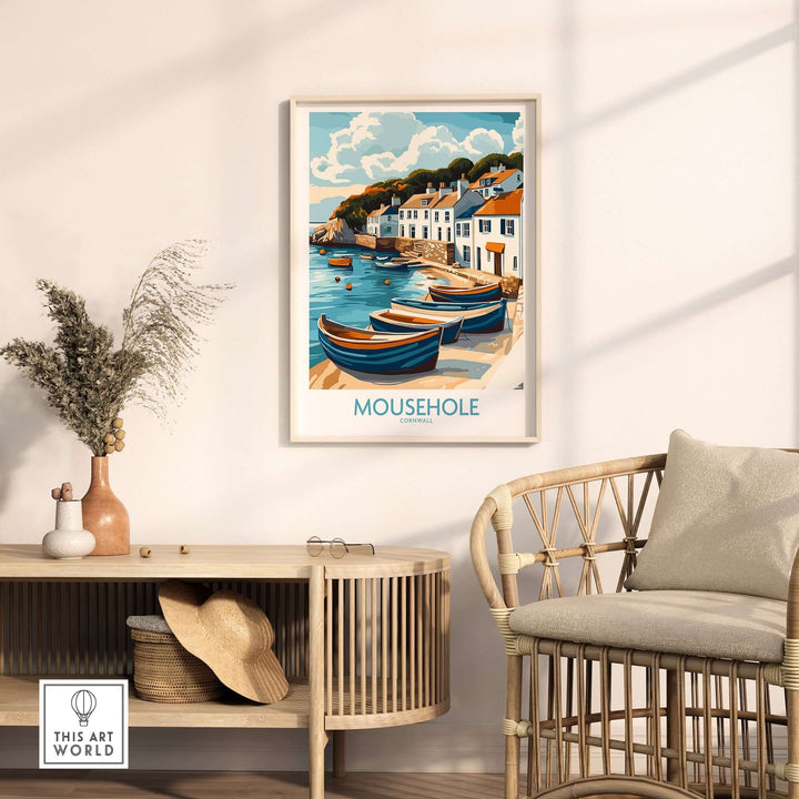 Wall art of Mousehole fishing village in Cornwall displayed in a cozy home setting with rattan chair and wooden console table.