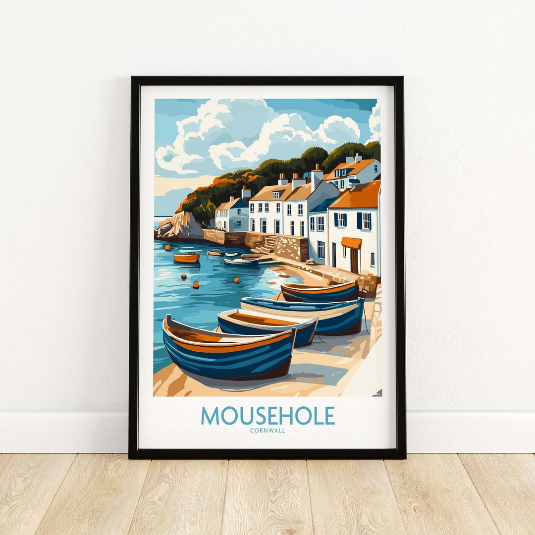 Mousehole Travel Poster Cornwall featuring a picturesque coastal fishing village with colorful boats and cottages.