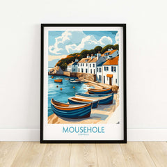 Mousehole Travel Poster Cornwall featuring colorful boats and charming seaside village scenery in Cornwall.