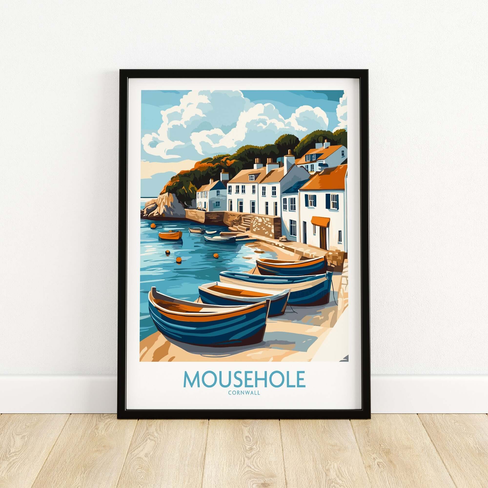 Mousehole Travel Poster Cornwall featuring colorful boats and charming seaside village scenery in Cornwall.