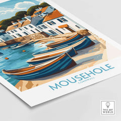 Mousehole Travel Poster Cornwall featuring colorful boats and coastal village scene, perfect for home decor.