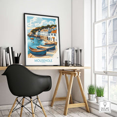 Mousehole Travel Poster Cornwall displayed in a stylish home office, featuring a picturesque coastal scene of Mousehole.