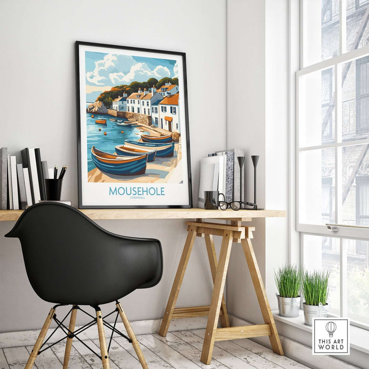 Mousehole travel poster of a colorful Cornish fishing village displayed in a modern home office setting.