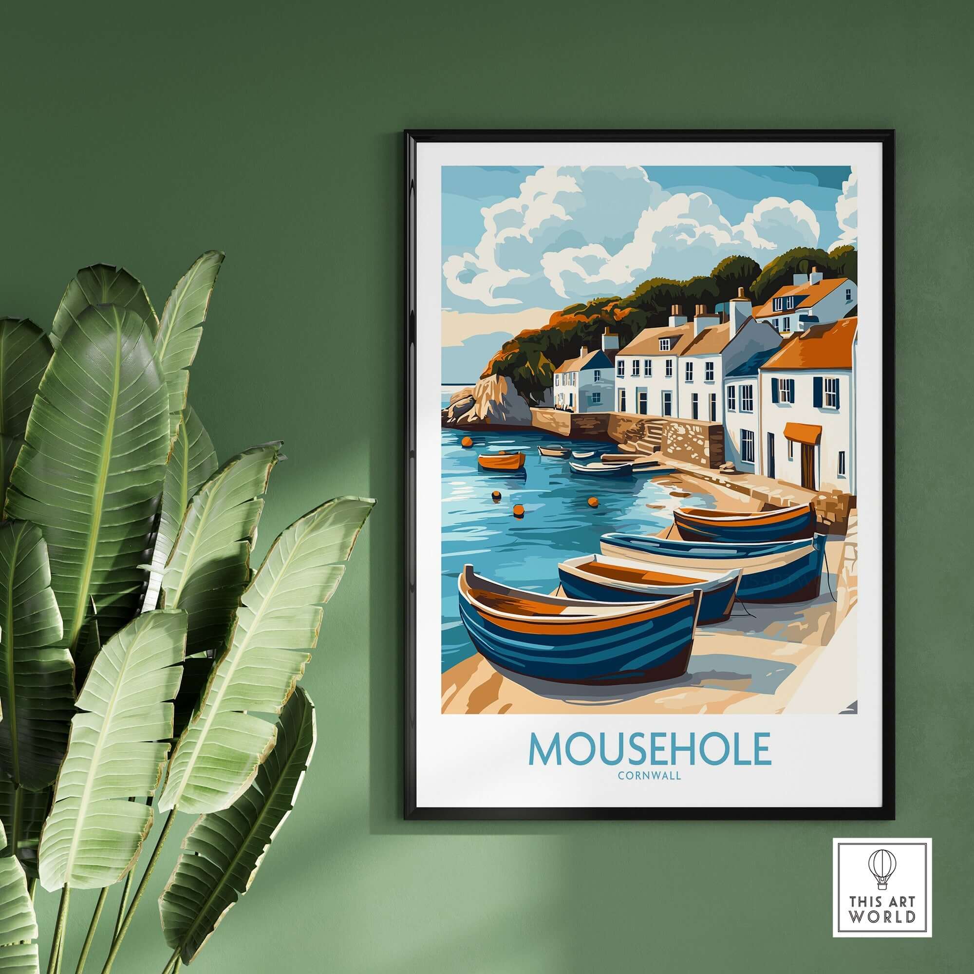 Mousehole Travel Poster Cornwall showcasing a colorful fishing village and coastal scene in Cornwall.
