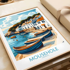 Mousehole Travel Poster Cornwall showcasing a vibrant fishing village and boats in a picturesque coastal scene.