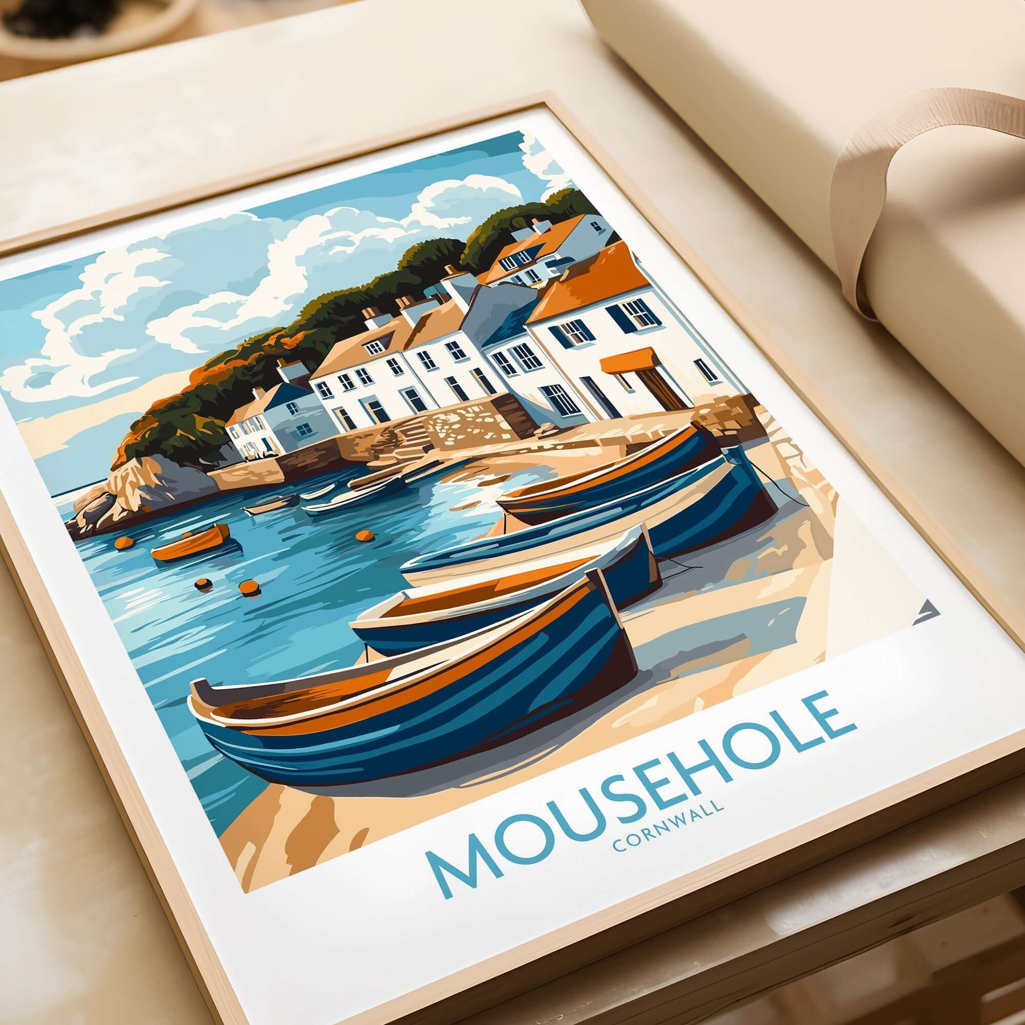 Mousehole Travel Poster Cornwall showcasing a vibrant fishing village and boats in a picturesque coastal scene.