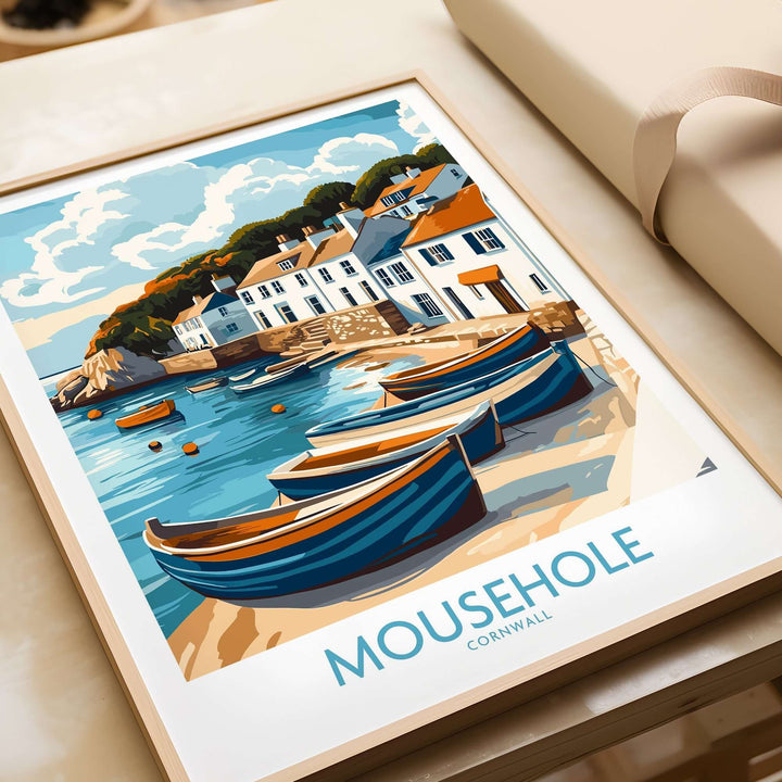 Mousehole Travel Poster Cornwall showcasing a picturesque fishing village with boats and coastal scenery, perfect for English countryside decor.