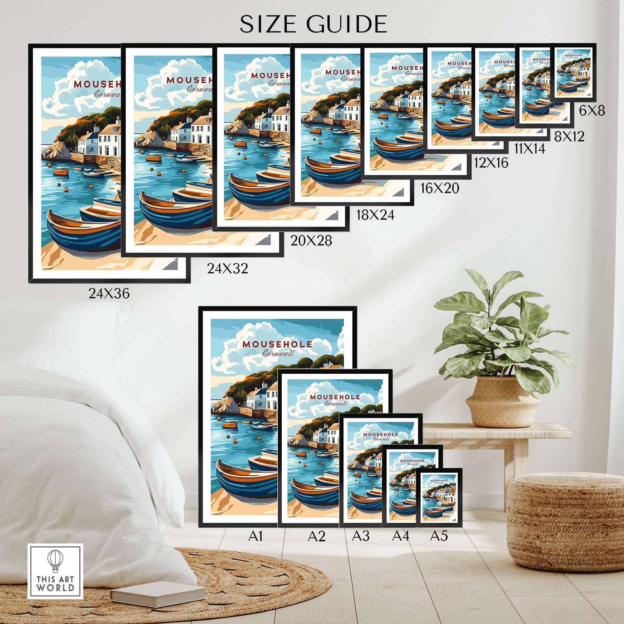 Size guide for Mousehole Travel Print Cornwall showing various framing options and dimensions.