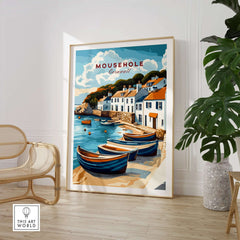 Mousehole Travel Print Cornwall showcasing a scenic coastal view of Mousehole with boats and charming village homes.