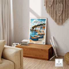 Mousehole Travel Print Cornwall showcasing a scenic view of the fishing village with boats and coastal charm.