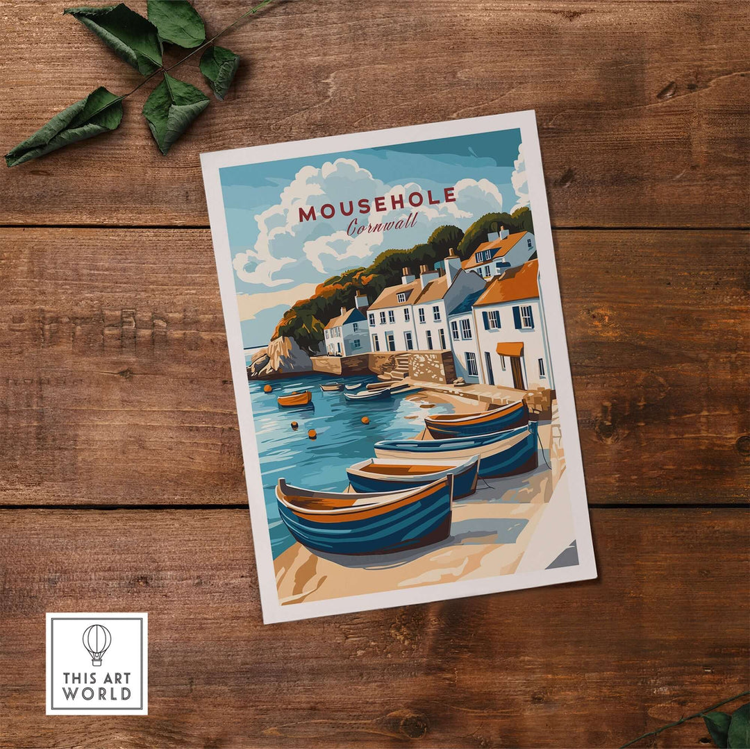 Mousehole Travel Print Cornwall featuring a scenic seaside village with colorful boats, perfect for coastal-inspired decor.