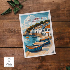 Mousehole Travel Print Cornwall showcasing the scenic seaside village with colorful boats and charming architecture.