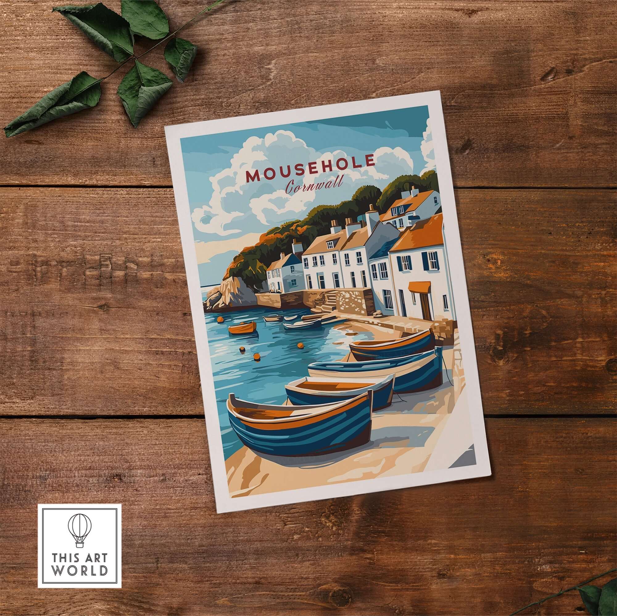 Mousehole Travel Print Cornwall showcasing the scenic seaside village with colorful boats and charming architecture.