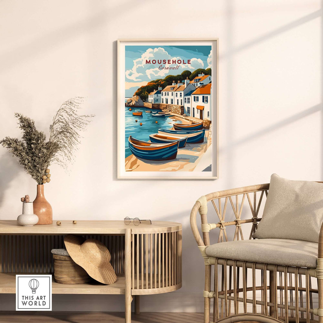 Mousehole Travel Print in a cozy Coastal-Inspired Living Room Decor, featuring the scenic seaside village in Cornwall, UK.