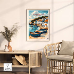 Mousehole Travel Print Cornwall showcased in a coastal-inspired home decor setting, featuring boats and village cottages.