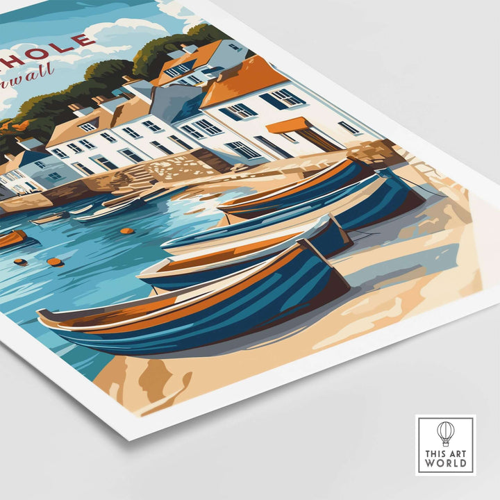 Mousehole Travel Print featuring Cornwall's scenic seaside village with charming boats and coastal homes, perfect UK travel poster.