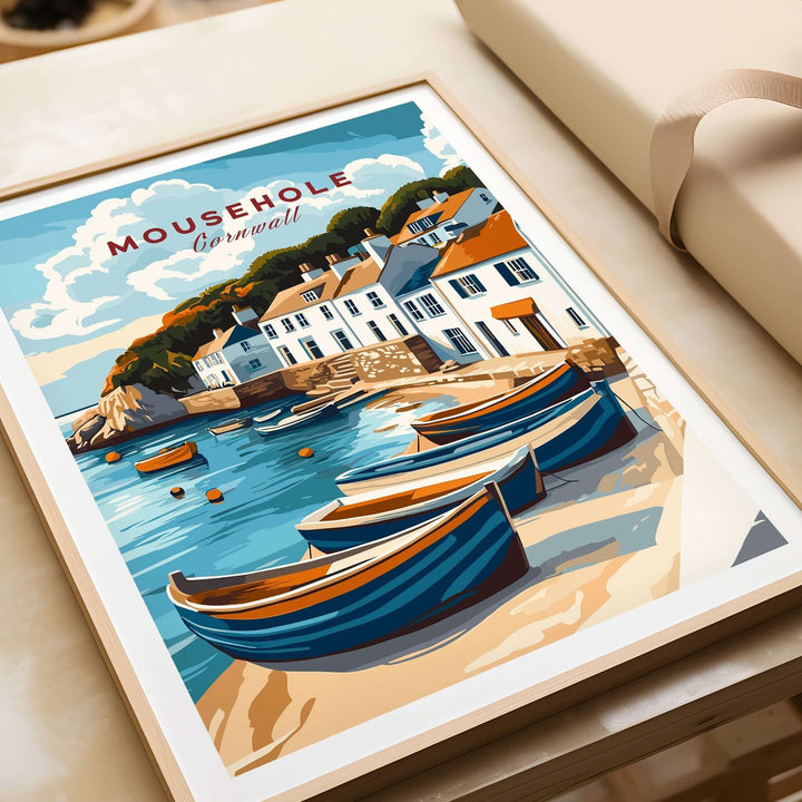 Mousehole Travel Print Cornwall showcasing scenic seaside village with boats and coastal homes, perfect for coastal-inspired home decor.