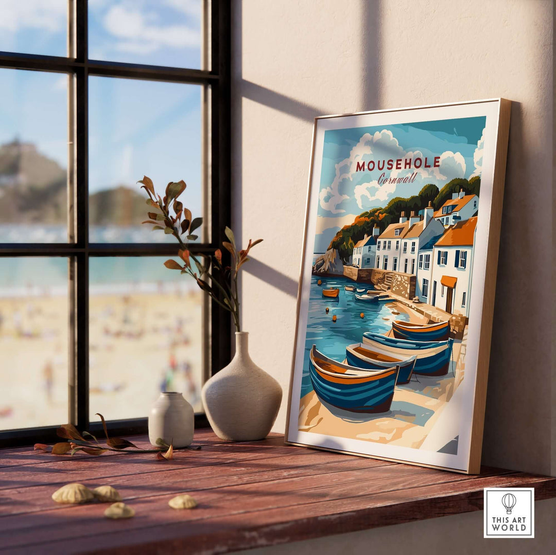 Mousehole Travel Print Cornwall displayed by a window overlooking a seaside beach, showcasing the charming UK fishing village.