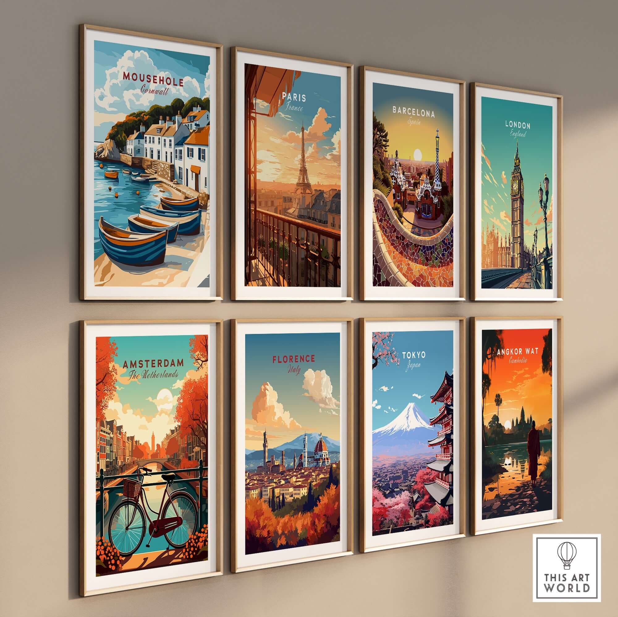Mousehole Travel Print Cornwall featuring a collection of vibrant travel posters including Mousehole, Paris, Barcelona, and more.