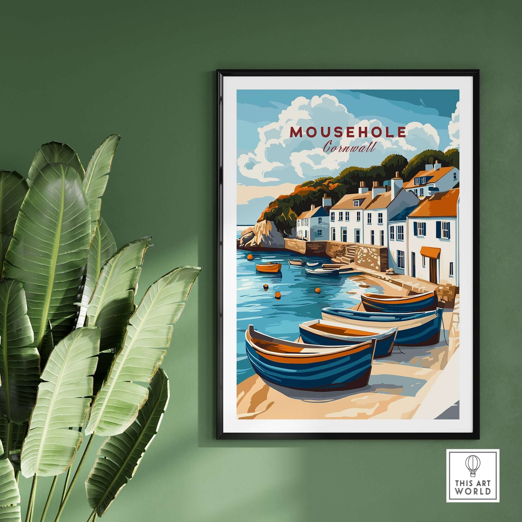 Mousehole Travel Print Cornwall showcasing the scenic fishing village with boats and coastal charm.