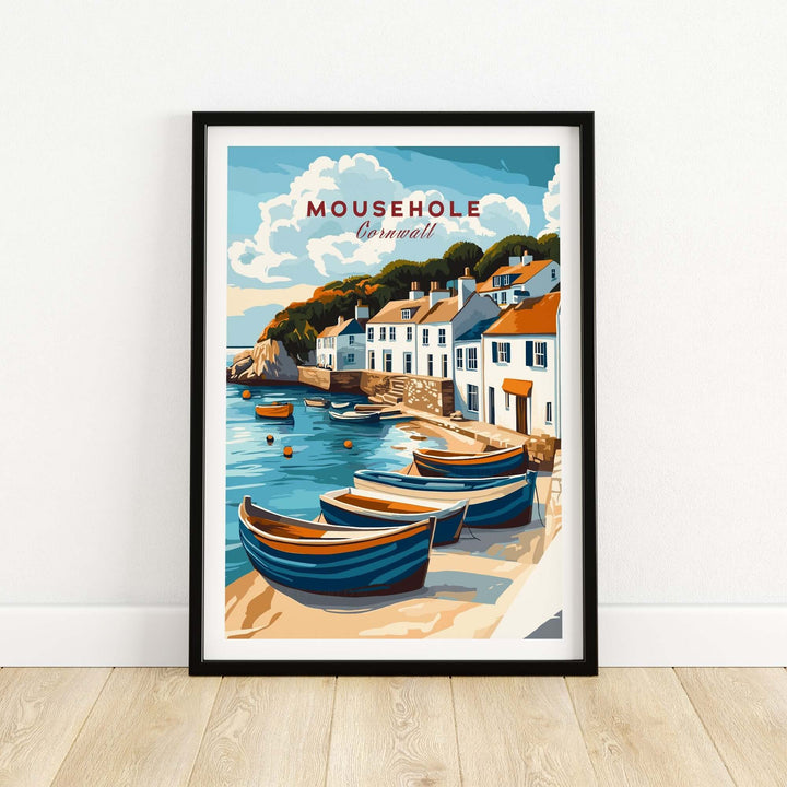 Mousehole Travel Print Cornwall featuring charming seaside village with boats, coastal homes, and scenic beauty, perfect for UK travel decor.