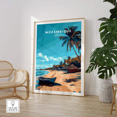 Mozambique Travel Poster featuring stunning beaches and palm trees in vibrant colors, perfect for home decor.