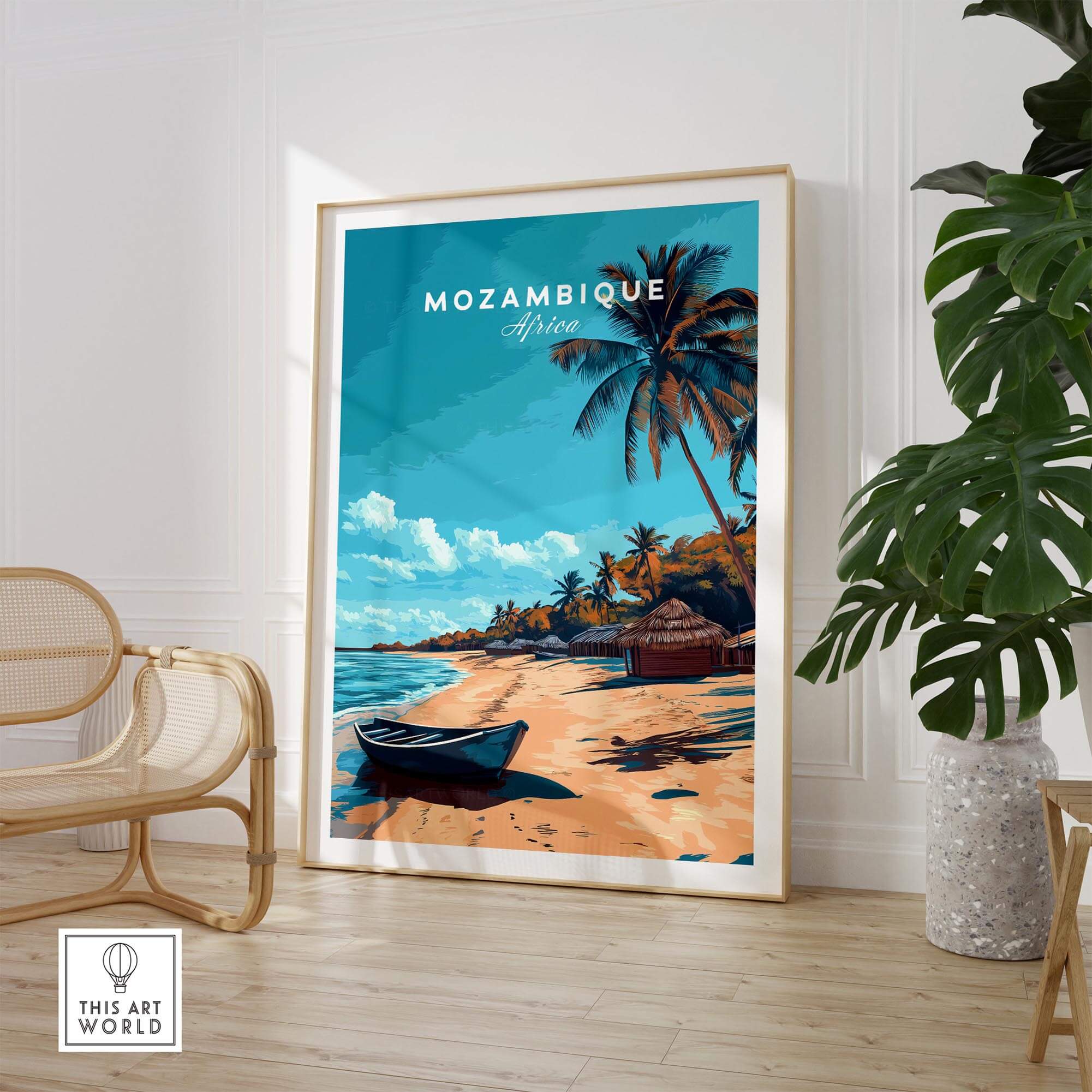 Mozambique Travel Poster featuring stunning beaches and palm trees in vibrant colors, perfect for home decor.