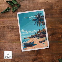 Mozambique Travel Poster featuring stunning beach scene with palm trees and a boat.