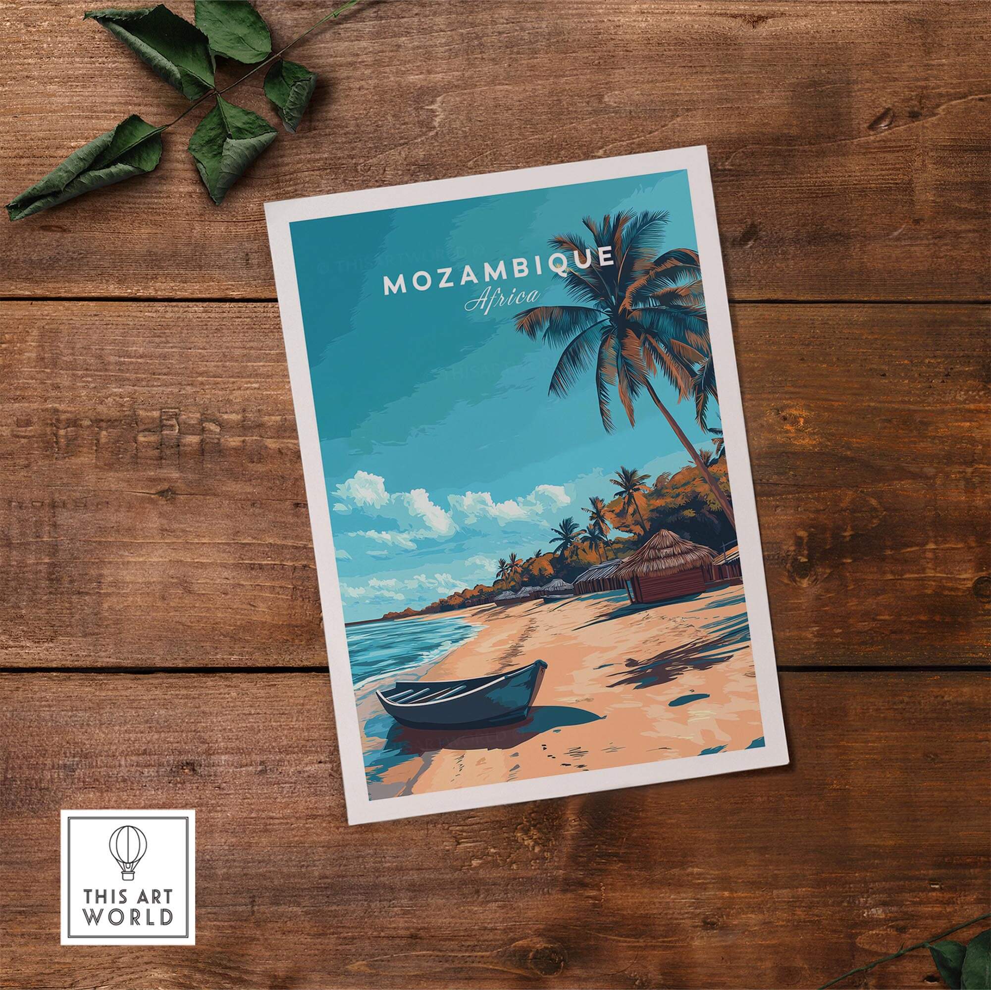 Mozambique Travel Poster featuring stunning beach scene with palm trees and a boat.