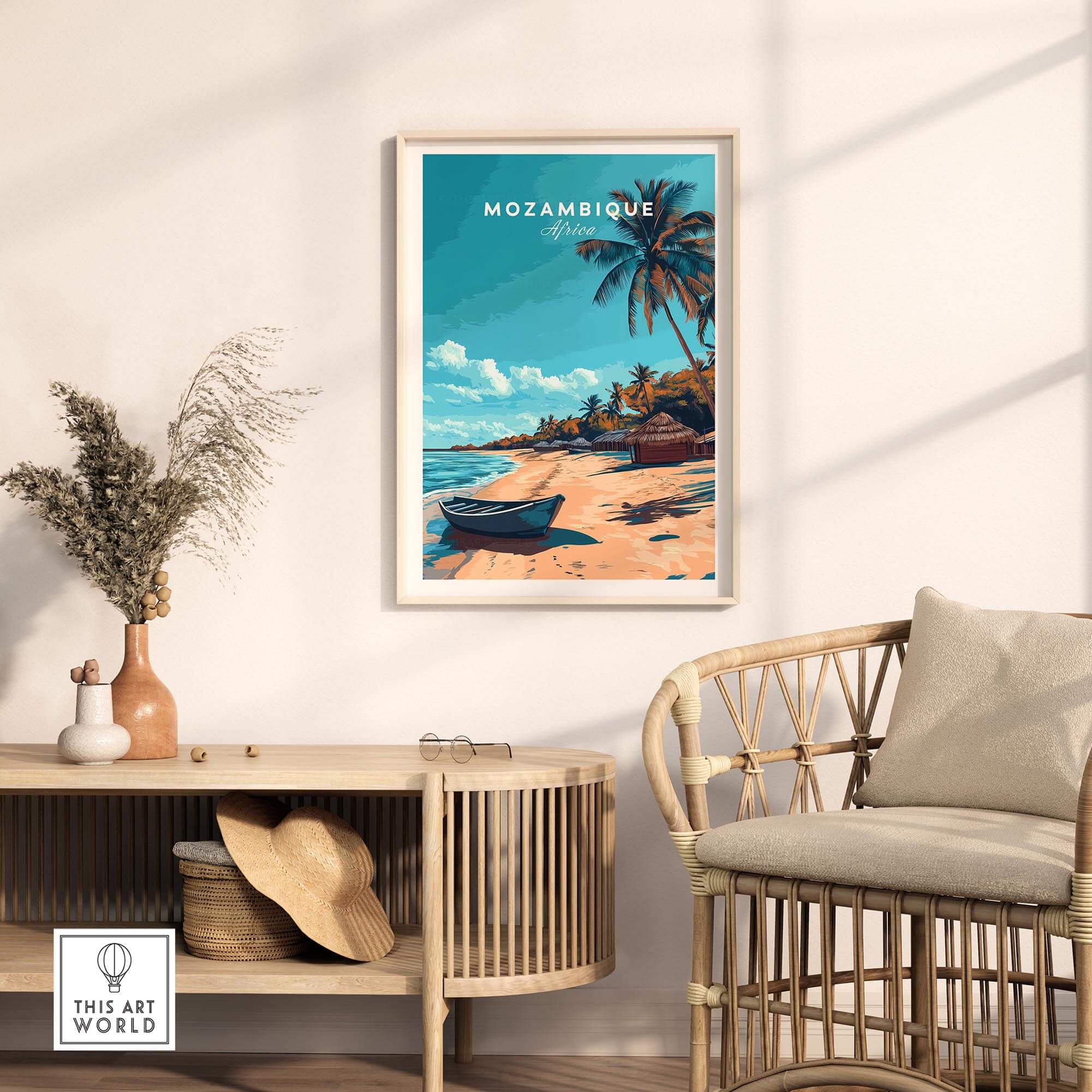Mozambique Travel Poster featuring a serene beach scene with palm trees and a boat in a stylish living room setting.