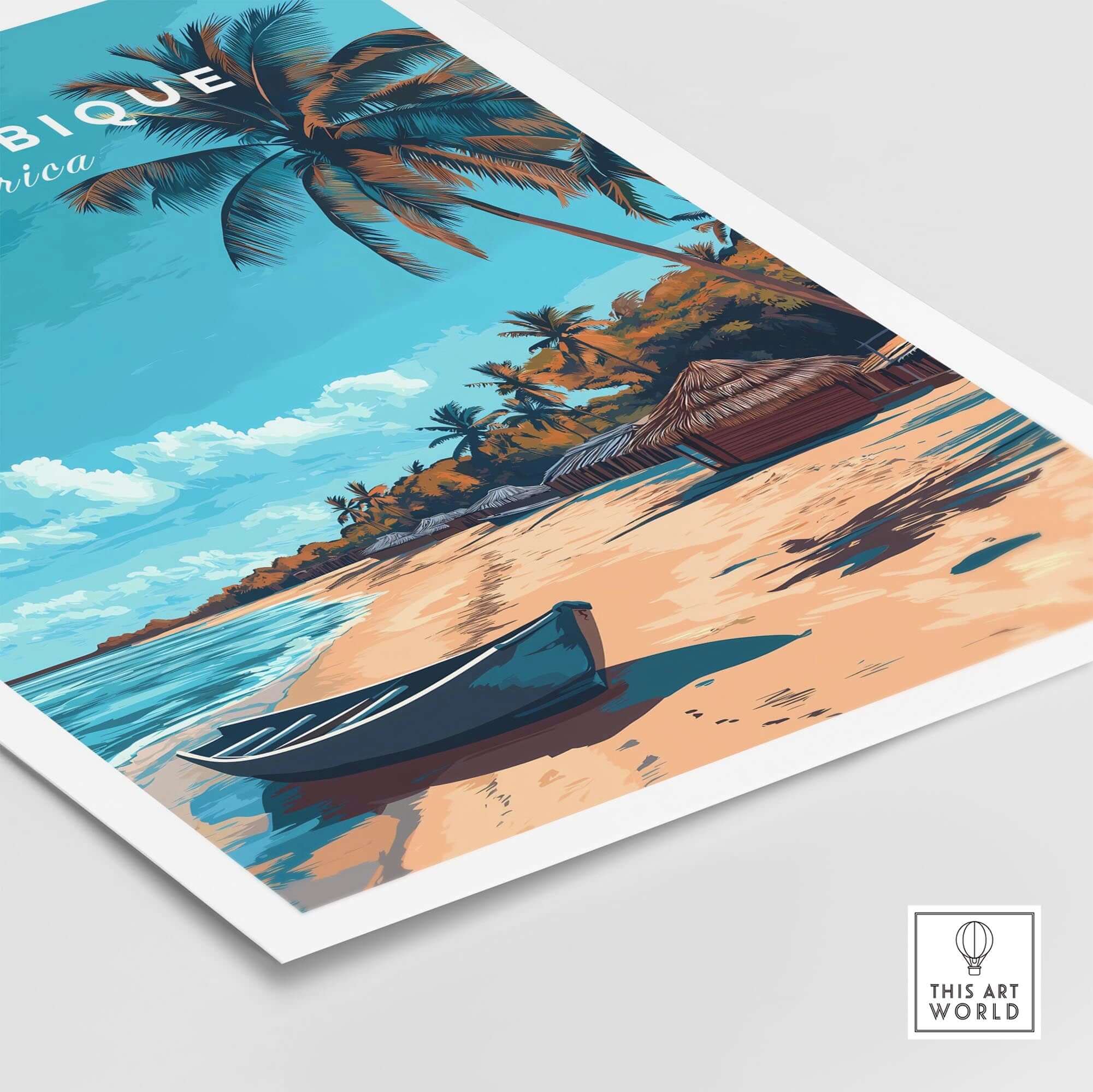 Mozambique Travel Poster featuring a scenic beach, palm trees, and a boat, evoking wanderlust for Africa.
