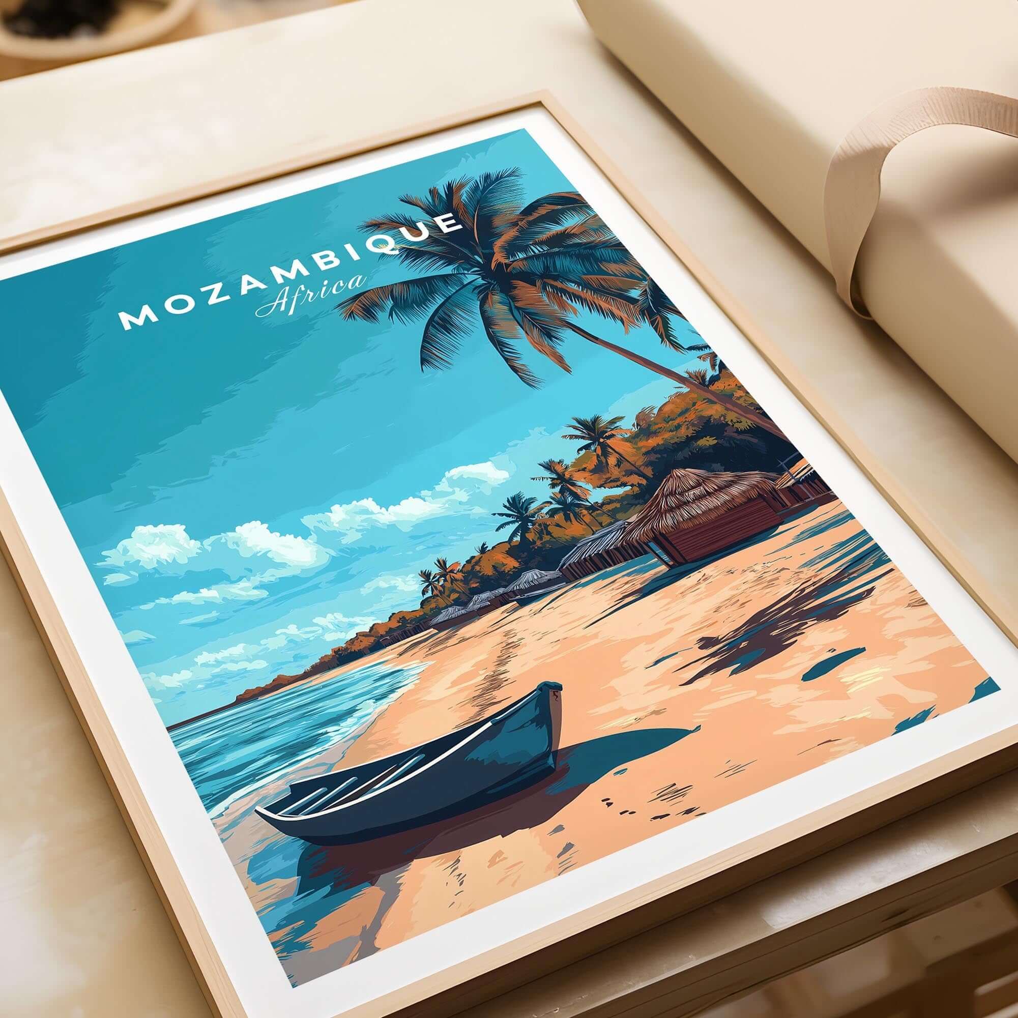 Mozambique Travel Poster showcasing a beautiful beach scene with palm trees and a boat, perfect for wanderlust decor.