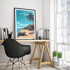 Mozambique Travel Poster showcasing stunning beaches and tropical scenery in a stylish home office setting.