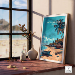 Mozambique Travel Poster featuring beautiful beaches and a serene boat scene, perfect for inspiring wanderlust.