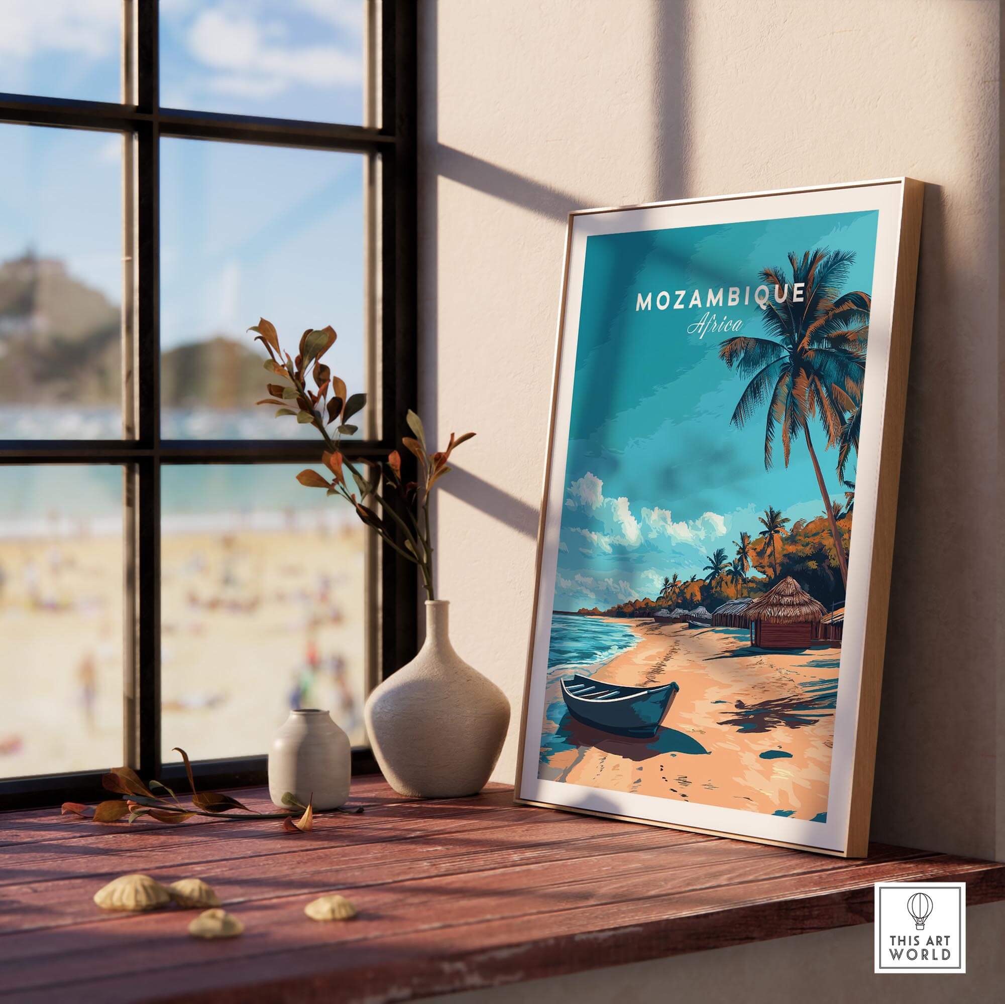 Mozambique Travel Poster featuring beautiful beaches and a serene boat scene, perfect for inspiring wanderlust.