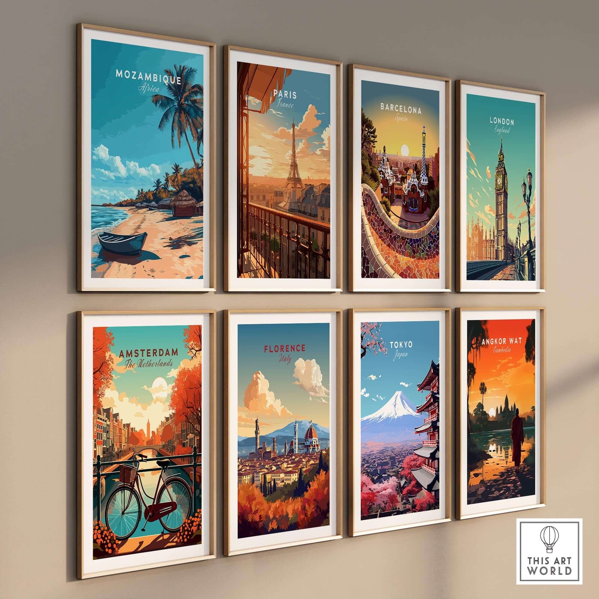 A collection of travel posters, including Mozambique Travel Poster, showcasing iconic global landmarks and beautiful scenery.