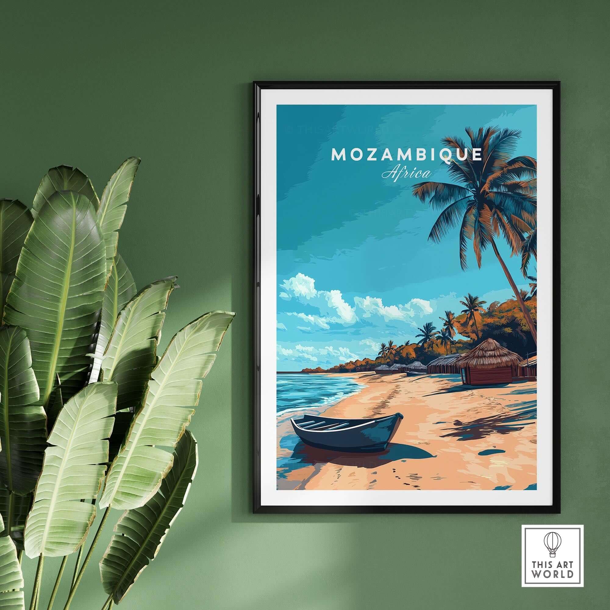 Mozambique Travel Poster showcasing stunning beaches and palm trees, perfect for adding wanderlust to any room.