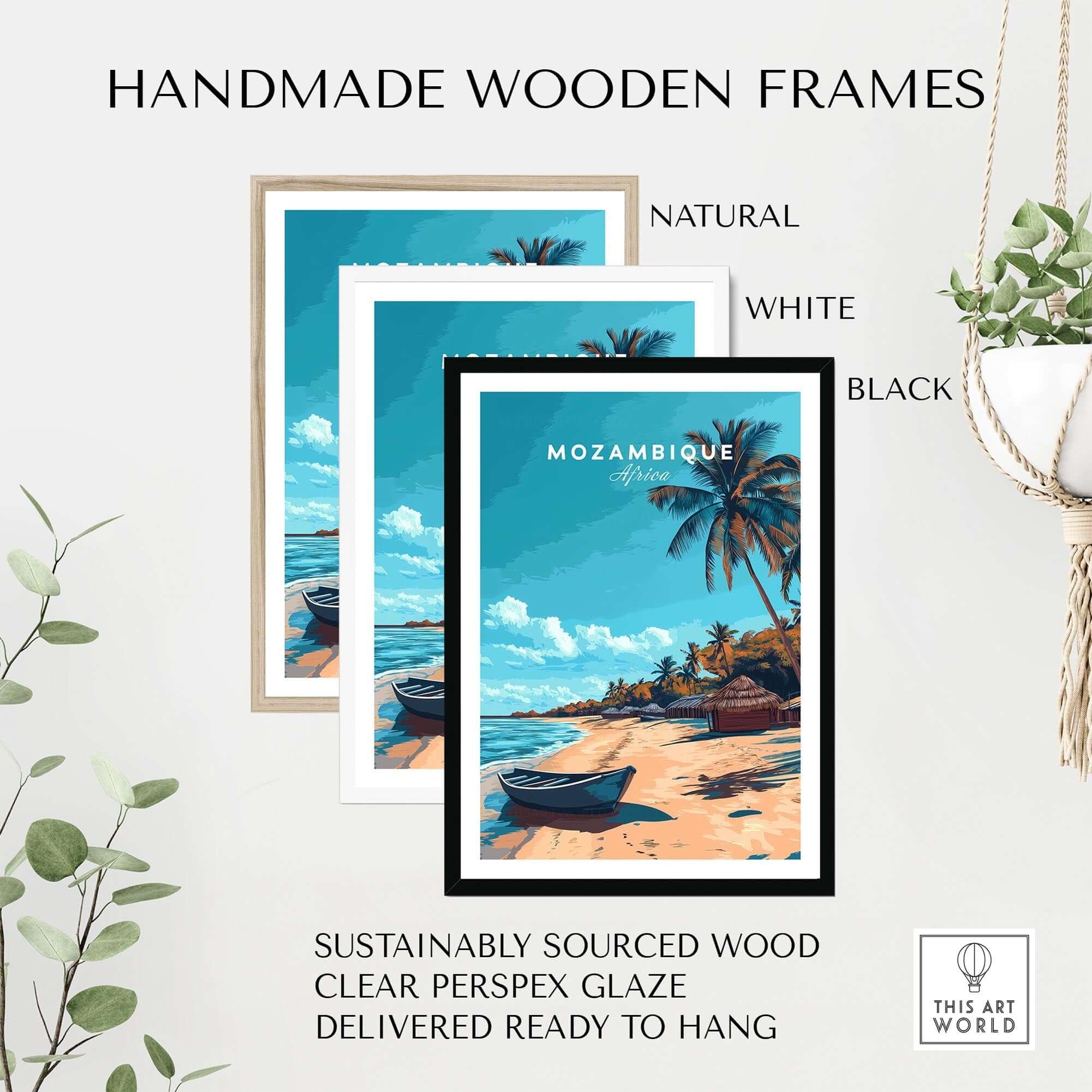 Handmade wooden frames showcasing Mozambique Travel Poster with natural, white, and black options.