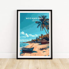 Mozambique Travel Poster featuring a picturesque beach, palm trees, and a boat, inviting exotic adventures.