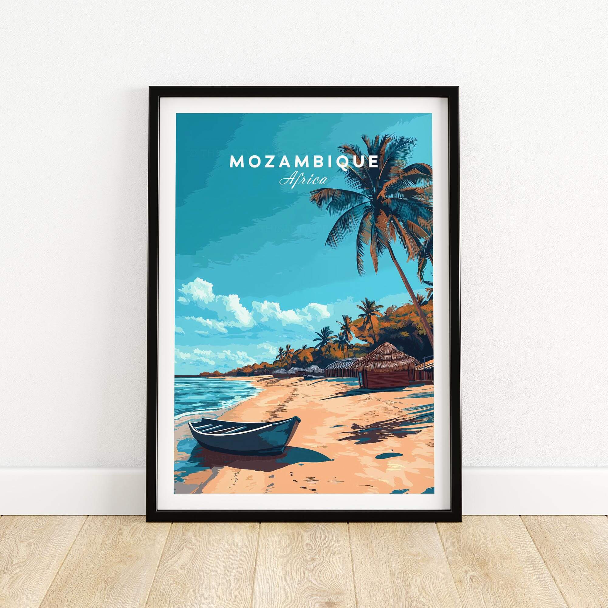 Mozambique Travel Poster featuring a picturesque beach, palm trees, and a boat, inviting exotic adventures.