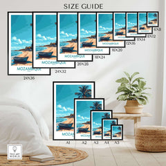 Mozambique Wall Art Print size guide showcasing various frame sizes for a beach scene decor.