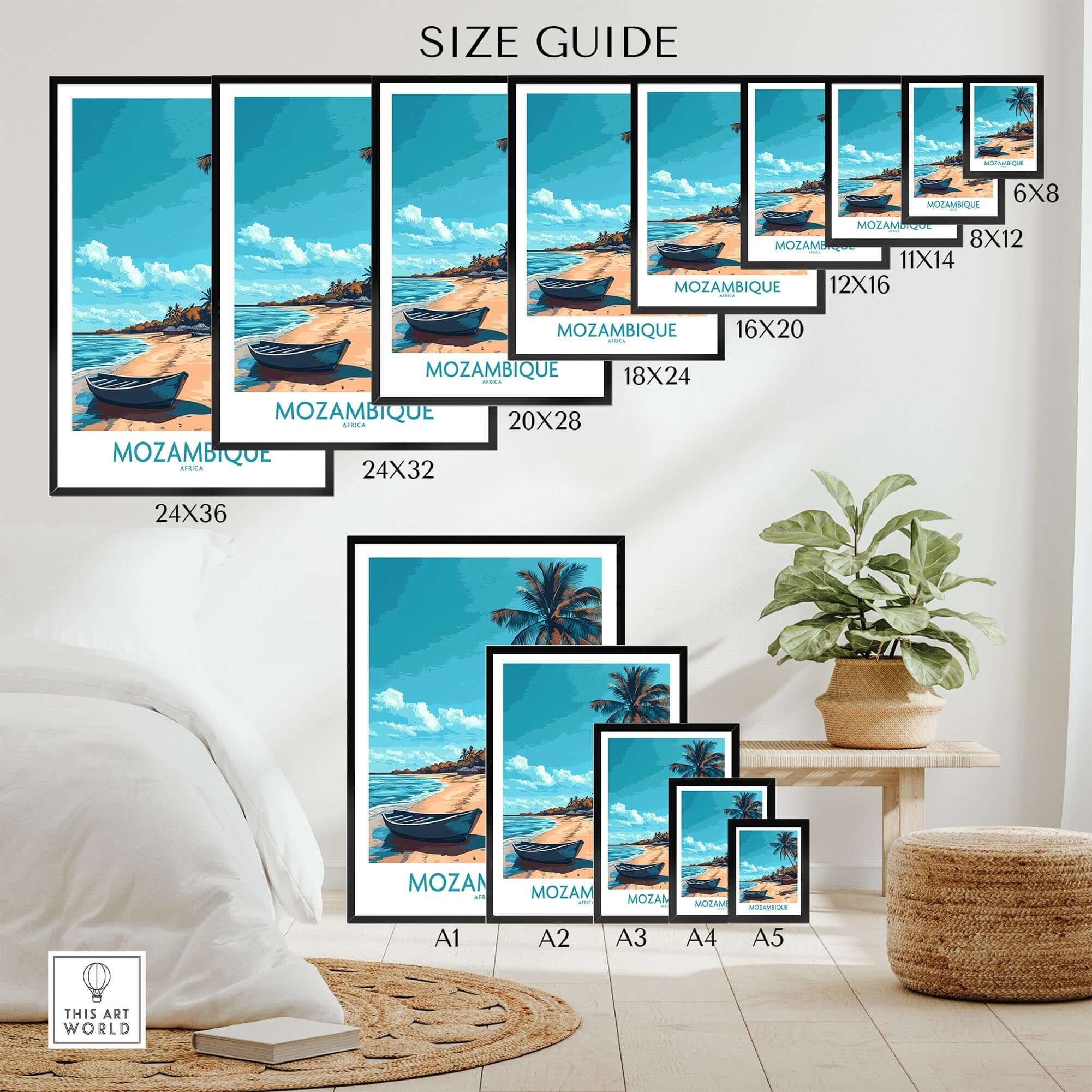 Mozambique Wall Art Print size guide showcasing various frame sizes for a beach scene decor.