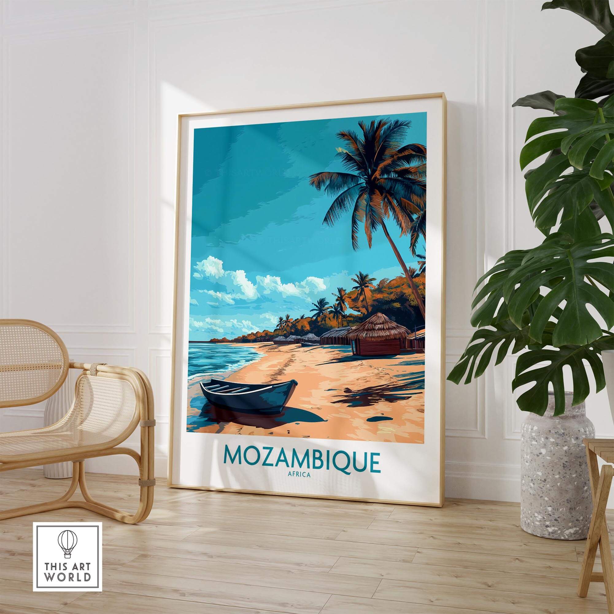 Mozambique Wall Art Print showcasing a serene beach scene with palm trees and a boat, perfect for home decor.