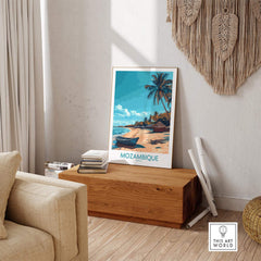 Mozambique Wall Art Print showcasing a beach scene with palm trees and a boat, perfect for home decor.