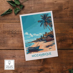 Mozambique Wall Art Print featuring a serene beach scene with palm trees and a boat, perfect for home decor.