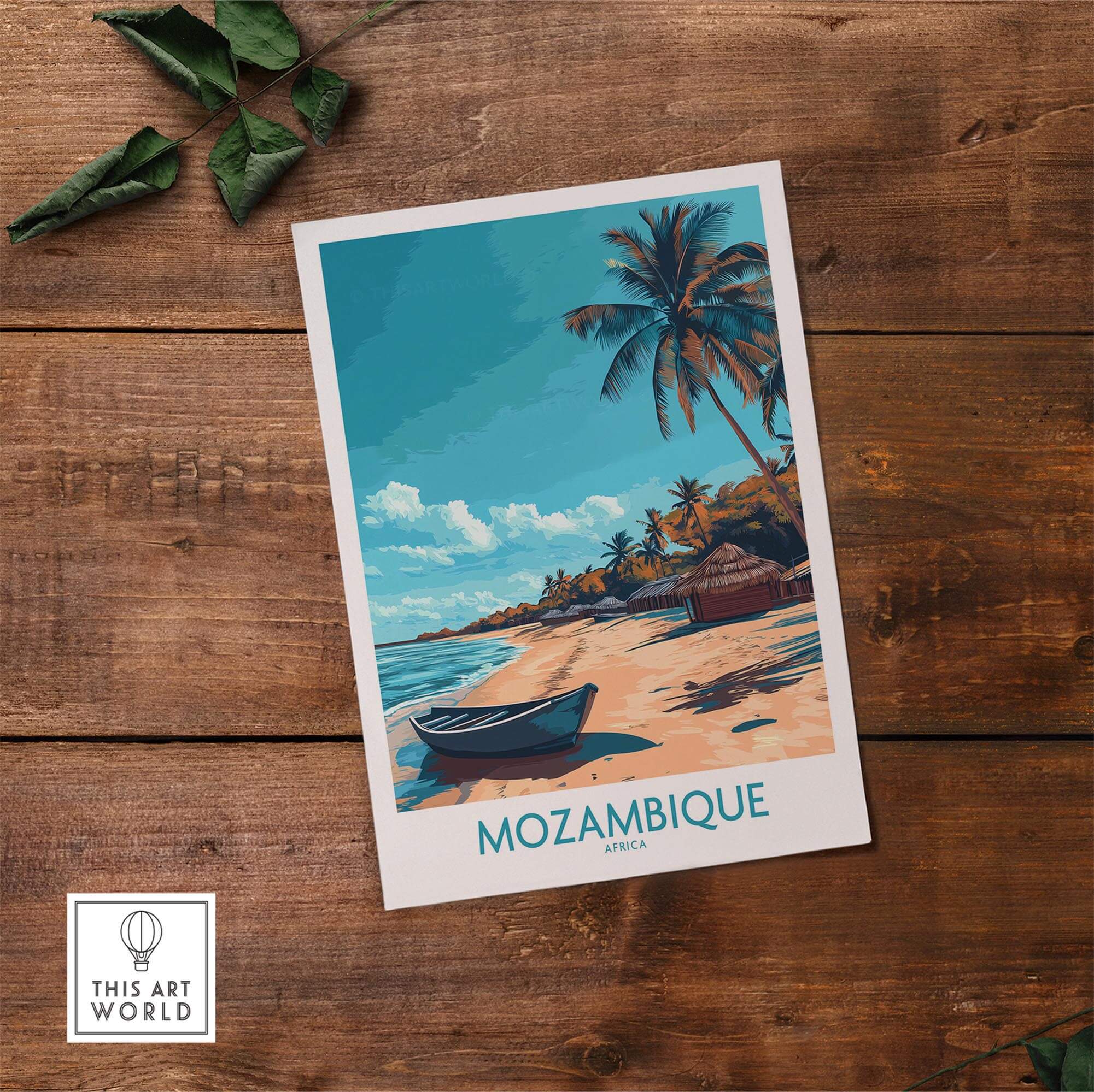 Mozambique Wall Art Print featuring a serene beach scene with palm trees and a boat, perfect for home decor.