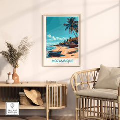 Mozambique Wall Art Print featuring a serene beach scene with palm trees and a boat, perfect for home decoration.